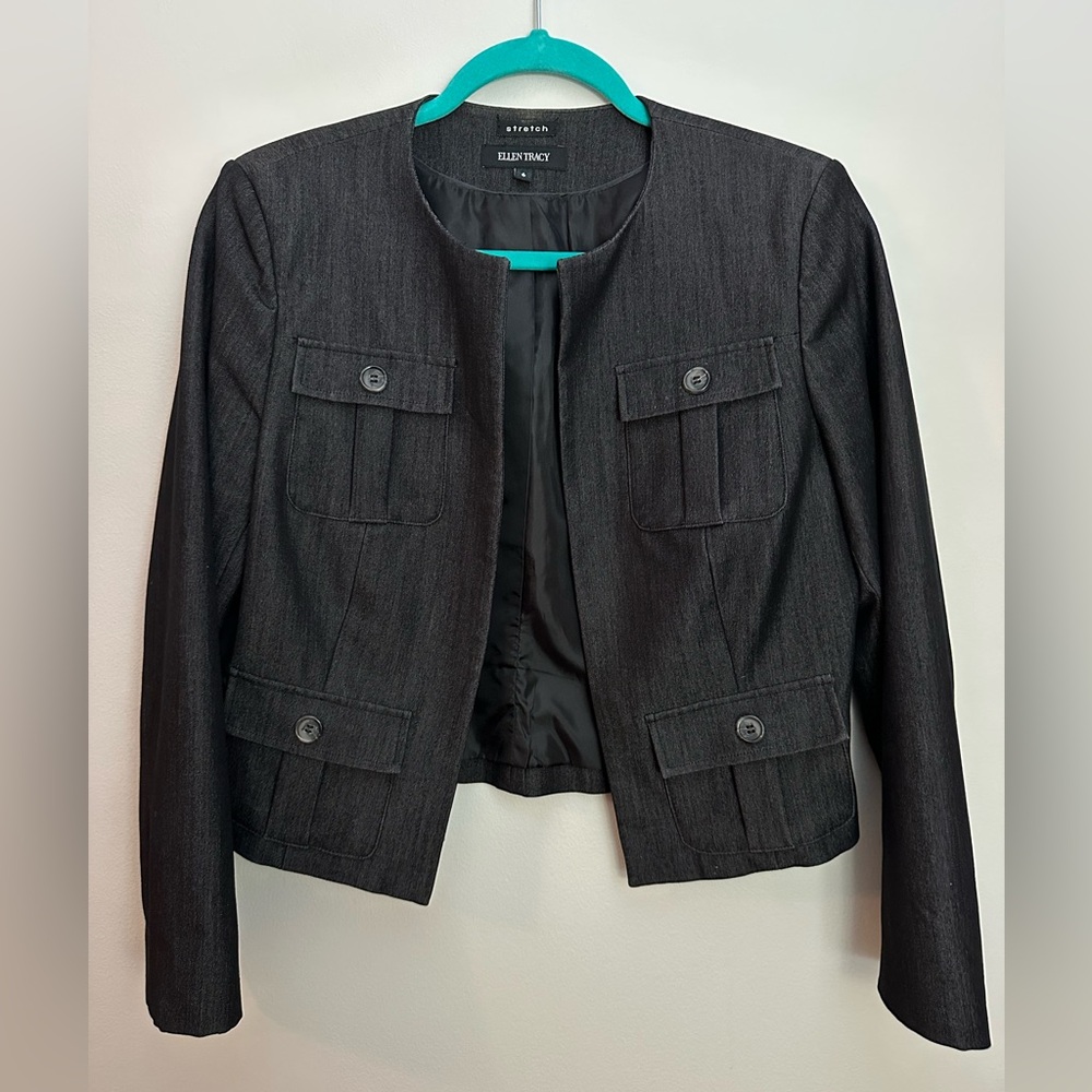 Ellen Tracy Collarless Jacket Charcoal Black Size 6 Like New